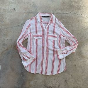 Zara Woman’s White Long Sleeve Shirt with Red Stripe and Front Pockets